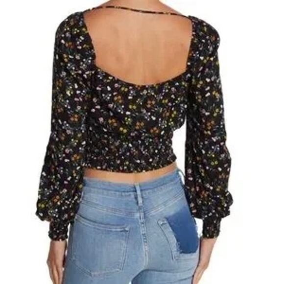 Revolve AFRM Soph Black Ditsy Floral Smocked Peasant Crop Top SZ S - Picture 2 of 14